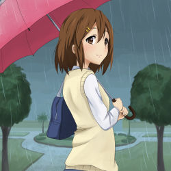 Rule 34 | 1girl, bag, brown eyes, brown hair, hirasawa yui, k-on!, rain, school uniform, shizupu, short hair, sizuku555 (1704677), sweater vest, umbrella