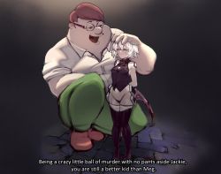 Rule 34 | 1boy, 1girl, absurdres, age difference, animification, arms behind back, bare shoulders, boots, brown hair, collared shirt, curvy, english text, facial scar, family guy, fat, fat man, fate/apocrypha, fate (series), full body, glasses, green eyes, green pants, hand on another&#039;s head, headpat, highres, jack the ripper (fate/apocrypha), kowai (iamkowai), panties, pants, peter griffin, scar, scar on cheek, scar on face, shiny skin, shirt, short hair, size difference, thigh boots, thighhighs, thong, underwear, white hair, wide hips