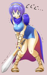 Rule 34 | 1girl, ankle lace-up, armor, blue eyes, blue hair, breast press, breasts squeezed together, breasts, cape, clenched teeth, cross-laced footwear, curvy, feet, fire emblem, fire emblem: mystery of the emblem, gender request, genderswap, hairband, hip focus, kara age, large breasts, leaning forward, marth (fire emblem), matching hair/eyes, nintendo, no nose, sandals, short hair, solo, sword, teeth, toes, trembling, weapon, wide hips