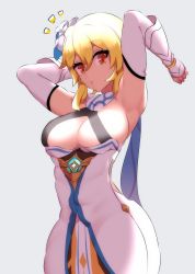 Rule 34 | 1girl, absurdres, bare shoulders, blonde hair, blue background, breasts, closed mouth, commentary request, detached sleeves, dress, genshin impact, highres, large breasts, looking at viewer, lumine (genshin impact), nac000, original, red eyes, solo, thick thighs, thighs