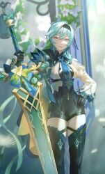 Rule 34 | 1girl, aqua hair, black gloves, black hairband, blue flower, blue necktie, boots, breasts, closed mouth, dandelion seed, eula (genshin impact), flower, genshin impact, gloves, greatsword, hair ornament, hairband, hand on own hip, highres, holding, holding sword, holding weapon, leaf, long sleeves, looking at viewer, mailed flower (genshin impact), medium breasts, mizuku hei, necktie, shorts, solo, sword, thigh boots, thighhighs, weapon, white flower