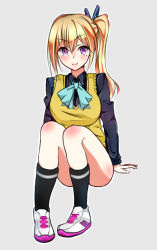 Rule 34 | 10s, 1girl, bad id, bad pixiv id, blonde hair, breasts, female focus, hair ribbon, kawakami mai, large breasts, looking at viewer, mole, mole under eye, musaigen no phantom world, purple eyes, ribbon, school uniform, shoes, side ponytail, simple background, sneakers, solo, sweater vest, white background, zeroyama