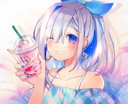 Rule 34 | 1girl, alternate costume, alternate hairstyle, amane kanata, blue hair, blue nails, casual, collarbone, colored inner hair, drink, drinking straw, earrings, frappuccino, grin, hair intakes, hair ribbon, hololive, jewelry, multicolored hair, nail polish, one eye closed, oshioshio, ponytail, purple eyes, ribbon, signature, silver hair, single hair intake, smile, solo, streaked hair, two-tone hair, upper body, virtual youtuber