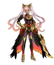 Rule 34 | 1girl, armor, bare shoulders, belt, breasts, dark-skinned female, dark skin, elbow gloves, feather trim, feathers, fire emblem, fire emblem heroes, full body, gauntlets, gloves, gradient hair, hair ornament, highres, holding, holding sword, holding weapon, laevateinn (fire emblem), long hair, looking at viewer, maeshima shigeki, medium breasts, multicolored hair, nintendo, non-web source, official art, parted lips, red eyes, seductive smile, smile, solo, standing, sword, thighhighs, transparent background, weapon