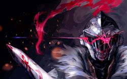 Rule 34 | 1boy, armor, black background, blood, blood on clothes, bloody weapon, botsumoto, commentary request, embers, fur trim, glowing, glowing eye, goblin slayer, goblin slayer!, helmet, highres, light trail, looking at viewer, male focus, plume, portrait, red eyes, solo, sword, weapon