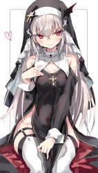Rule 34 | 1girl, absurdres, bare shoulders, black dress, blush, breasts, closed mouth, clothing cutout, commentary request, cross, cross necklace, crossed bangs, dress, fang, fang out, grey hair, habit, hand on own leg, hand up, heart, highres, jewelry, long hair, long sleeves, looking at viewer, necklace, nun, original, paid reward available, red eyes, shoulder cutout, side slit, simple background, sitting, skin fang, small breasts, smile, solo, thighhighs, toshizou (0714), tsurime, very long hair, white background, white thighhighs