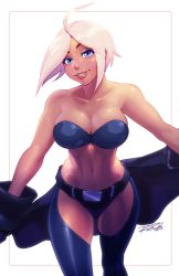 Rule 34 | 1girl, ahoge, angel (kof), bad id, bad tumblr id, bare shoulders, belt, belt buckle, blue eyes, bra, breasts, buckle, chaps, cleavage, jacket, large breasts, lips, making-of available, midriff, narrow waist, navel, nose, off shoulder, panties, robaato, shiny skin, short hair, smile, snk, solo, strapless, strapless bra, the king of fighters, toned, underwear, white hair