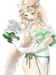 Rule 34 | 1girl, blonde hair, breasts, character request, commentary request, dungeon and fighter, elf, garter belt, gloves, green eyes, hair tie in mouth, highres, kirari (kira rin9), korean commentary, large breasts, leotard, long hair, mouth hold, pointy ears, simple background, solo, tying, white background, white leotard