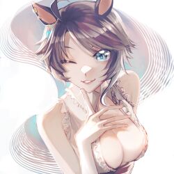 Rule 34 | 1girl, ahoge, animal ears, arm at side, bare arms, bare shoulders, black hair, blue eyes, breasts, brown hair, center frills, center opening, cleavage, collared shirt, ear ornament, earclip, frilled shirt, frilled shirt collar, frills, fuji kiseki (umamusume), gem, grey hair, hand on own chest, hand up, highres, horse ears, index finger raised, kirihara (010010004), lips, looking at viewer, medium breasts, medium hair, multicolored hair, no bra, no jacket, one eye closed, pale skin, parted bangs, parted lips, shirt, sleeveless, sleeveless shirt, smile, solo, two-tone hair, umamusume, upper body, white shirt, wing collar