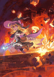 1girl :o bag black_hair black_thighhighs blonde_hair boots cloak commentary_request dress explosion fire flat_chest gloves hat highres konno_takashi lava little_witch_nobeta long_hair magic monster nobeta open_mouth purple_eyes running solo_focus staff thighhighs white_gloves witch witch_hat