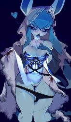 Rule 34 | 1girl, absurdres, animal ears, black panties, blue fur, blue sclera, blush, body fur, breasts, cleavage, colored sclera, creatures (company), furry, furry female, game freak, gen 4 pokemon, glaceon, heart, heart-shaped pupils, highres, kneeling, large breasts, looking at viewer, nintendo, open mouth, panties, panty pull, pokemon, pussy, pussy juice, scar, solo, sweat, symbol-shaped pupils, tongue, tongue out, underwear, yuio58ok