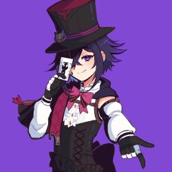 Rule 34 | 1boy, absurdres, alternate costume, black gloves, black hat, bow, bowtie, card, cele (310v3), center frills, corset, covering one eye, danganronpa (series), danganronpa v3: killing harmony, frills, gloves, hair between eyes, hat, highres, holding, holding card, joker (playing card), long sleeves, looking at viewer, multicolored hair, oma kokichi, pink bow, pink bowtie, playing card, purple background, purple eyes, red hat, shirt, simple background, smile, solo, teardrop tattoo, top hat, two-tone hair, upper body, white gloves, white shirt