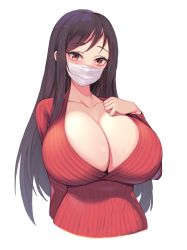 Rule 34 | 1girl, breast suppress, breasts, brown hair, cleavage, cropped torso, eyebrows hidden by hair, hand on own chest, highres, huge breasts, kuavera, long hair, looking at viewer, mask, mouth mask, real life, red eyes, red sweater, ribbed sweater, simple background, solo, surgical mask, sweater, upper body, white background, white mask