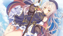 Rule 34 | 1girl, aruka (alka p1), azur lane, blush, cloud, cloudy sky, coat, commentary request, cross, detached sleeves, gloves, hair ornament, highres, holding, holding sword, holding weapon, iron cross, leg tattoo, long hair, looking at viewer, military, military uniform, mole, mole under eye, off-shoulder coat, off shoulder, revision, silver hair, sky, smile, solo, sword, tattoo, uniform, water drop, weapon, white gloves, yellow eyes, z46 (azur lane)