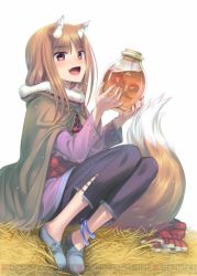 Rule 34 | 1girl, :d, animal ears, anklet, apple, black pants, blue footwear, blunt bangs, blush, cork, fang, food, fruit, full body, fur trim, holding, holo, jar, jewelry, koume keito, liquid, long hair, long sleeves, looking at viewer, no socks, official art, open mouth, orange hair, pants, pink shirt, poncho, red eyes, sash, shirt, shoes, sitting, smile, solo, spice and wolf, straw (stalk), tail, wolf ears, wolf tail