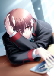 Rule 34 | 1boy, arm on table, black jacket, bloom, book, brown hair, classroom, commentary request, covering one eye, covering own mouth, crossed bangs, elbow on table, expressionless, eyebrows hidden by hair, eyelashes, hair between eyes, holding, holding book, indoors, jacket, leaning forward, lens flare, little busters!, long sleeves, looking to the side, male focus, natsume kyousuke, open book, playing with own hair, red eyes, school uniform, short hair, sidelighting, sitting, solo, zen (kamuro)
