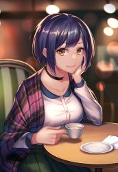 Rule 34 | 1girl, absurdres, blouse, blue hair, blurry, blurry background, bokeh, casual, chair, choker, coffee, collarbone, commentary, cup, depth of field, head rest, heart, highres, holding, holding cup, hrtyuk, long sleeves, looking at viewer, nijisanji, saucer, shirt, shizuka rin, short hair, sitting, smile, solo, tagme, virtual youtuber, white shirt, yellow eyes