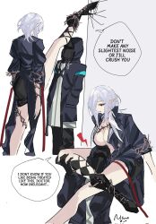 Rule 34 | 1boy, 1girl, arknights, crack, cracked wall, doctor (arknights), english text, gladiia (arknights), highres, pointy ears, split, standing, standing on one leg, standing split, strangling, tall female, white hair, yazu (zoddiacz)