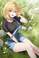 Rule 34 | 1girl, absurdres, black shirt, blonde hair, blue eyes, blue shorts, breasts, flower, grass, hand in own hair, highres, korean commentary, large breasts, lillly, looking at viewer, original, outdoors, parted lips, plant, shirt, short hair, short shorts, short sleeves, shorts, sitting, smile, solo, suspender shorts, suspenders, taut clothes, taut shirt, thighs
