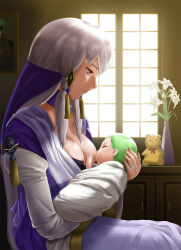 Rule 34 | 1girl, baby, breastfeeding, breasts, byleth (fire emblem), byleth (male) (fire emblem), cleavage, closed eyes, closed mouth, collarbone, dress, fire emblem, fire emblem: three houses, flower, from side, green hair, hair ornament, highres, indoors, jewelry, long hair, long sleeves, looking down, lysithea von ordelia, medium breasts, nintendo, one breast out, painting (object), pink eyes, purple dress, ring, sidelocks, sitting, stuffed animal, stuffed toy, teddy bear, very long hair, wedding band, white hair, white headwear, yqo4d853lulxnbr
