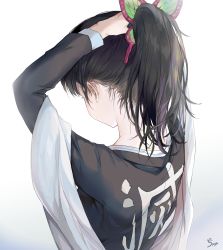 Rule 34 | 1girl, absurdres, adjusting hair, arms behind head, arms up, black hair, black jacket, butterfly hair ornament, clothes writing, commentary request, from behind, gradient background, hair ornament, hands in hair, highres, holding, holding hair, jacket, kimetsu no yaiba, long hair, long sleeves, nape, ponytail, saya (mychristian2), signature, solo, tsuyuri kanao, tying hair, upper body, white background
