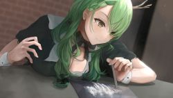 Rule 34 | 1girl, antlers, black bow, black dress, bow, braid, breasts, ceres fauna, chan1moon, cleavage, cocaine, dress, game cg, green hair, hair behind ear, hololive, hololive english, horns, looking down, medium breasts, mole, mole under eye, open hand, smile, solo, virtual youtuber, wrist cuffs, yellow eyes