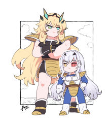 Rule 34 | 2girls, alternate costume, armor, artist name, azu (kirara310), blonde hair, boots, cosplay, crossed arms, dragon ball, dragonball z, barghest (fate), melusine (fate), fate/grand order, fate (series), gloves, hand on own hip, highres, long hair, multiple girls, nappa, nappa (cosplay), pauldrons, saiyan armor, scouter, shoulder armor, vegeta, vegeta (cosplay), white gloves, white hair