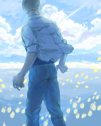 Rule 34 | 1boy, 7 (urayosi), ao no flag, blonde hair, cloud, from behind, highres, looking to the side, mita touma, pants, pocket, school uniform, shirt, sleeves rolled up, solo, undershirt