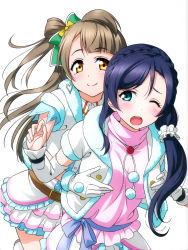 Rule 34 | 10s, 2girls, absurdres, aqua eyes, blue hair, bow, grabbing another&#039;s breast, brown eyes, brown hair, earrings, frilled skirt, frills, gloves, grabbing, green bow, hair ribbon, heart, heart earrings, highres, jewelry, long hair, love live!, love live! school idol project, minami kotori, multiple girls, murota yuuhei, one side up, open mouth, ribbon, simple background, skirt, smile, snow halation, tojo nozomi, white background, white gloves