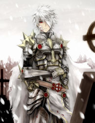Rule 34 | 1boy, armor, bandage on face, bandage over one eye, bandages, blood, breastplate, commentary request, cowboy shot, garter straps, graveyard, leg armor, looking down, male focus, misuguu, parted lips, pauldrons, ragnarok online, red eyes, rune knight (ragnarok online), short hair, shoulder armor, sky, snowing, solo, spiked pauldrons, standing, tabard, tombstone, white hair, white sky