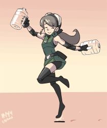 Rule 34 | 1girl, animated, animated gif, bottle, brown hair, colorized, dated, dress, elbow pads, closed eyes, fanny pack, goggles, goggles on head, happy, junkpuyo, long hair, original, plume (junkpuyo), ponytail, short dress, shorts, shorts under skirt, skipping, sleeveless, solo, thighhighs, water bottle, water tank, zipper