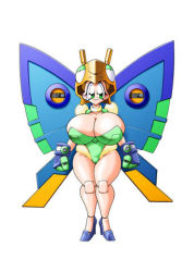 Rule 34 | android, breasts, butterfly wings, cleavage, concept art, gauntlets, helmet, high heels, huge breasts, insect wings, joints, leotard, lowres, official art, robot, robot joints, robot ponkottsu, thick thighs, thighs, traditional media, wings