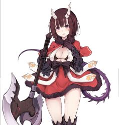 Rule 34 | + +, 1girl, ass, axe, battle axe, black bow, black bra, black gloves, blush, bob cut, bow, bra, breasts, broken horn, brown hair, capelet, cleavage, cowboy shot, demon tail, eriko (princess connect!), fur-trimmed capelet, fur-trimmed skirt, fur trim, gauntlets, gloves, gluteal fold, highres, holding, holding axe, holding weapon, horns, looking at viewer, medium breasts, princess connect!, purple eyes, red capelet, ribbon, short hair, simple background, skirt, solo, spiked tail, tail, tatsuhiko, thigh gap, underwear, waist bow, weapon, white background