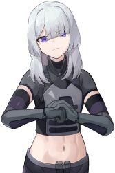 Rule 34 | 1girl, abs, absurdres, ak-15 (girls&#039; frontline), ak-15 (mod3) (girls&#039; frontline), clenched hand, crop top, frown, gamryous, girls&#039; frontline, gloves, hair over one eye, highres, long hair, looking at viewer, midriff, navel, own hands together, purple eyes, simple background, solo, upper body, white background, white hair