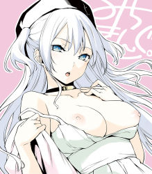Rule 34 | 1girl, blue eyes, breasts, choker, comic x-eros, cropped, dress, hat, highres, long hair, medium breasts, michiking, nipples, original, parted lips, silver hair, solo, strap slip, two side up, undressing