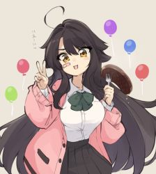 Rule 34 | 1girl, :d, ahoge, artist self-insert, balloon, bandaid, bandaid on cheek, bandaid on face, black hair, black skirt, blush, bow, breasts, brown eyes, collared shirt, commentary request, dress shirt, food, fork, green bow, grey background, hair between eyes, hair intakes, hands up, holding, holding fork, jacket, long hair, long sleeves, medium breasts, natsuki-chan (natsuki teru), natsuki teru, open clothes, open jacket, open mouth, original, pink jacket, pleated skirt, puffy long sleeves, puffy sleeves, school uniform, shirt, simple background, skirt, sleeves past wrists, smile, solo, steak, v, very long hair, white shirt