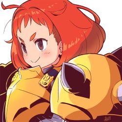 Rule 34 | 1girl, ahoge, armor, bad id, bad twitter id, blush, brown eyes, closed mouth, commentary request, copyright request, from side, pauldrons, red hair, reiesu (reis), shoulder armor, signature, simple background, smile, solo, spikes, upper body, white background