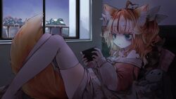 Rule 34 | 1girl, absurdres, animal ear fluff, animal ears, bags under eyes, breasts, cat ears, cat girl, cat tail, cellphone, chiyu (vtuber), commission, highres, indie virtual youtuber, light brown hair, long sleeves, lying, medium breasts, medium hair, nanana (nanana iz), on back, phone, puffy long sleeves, puffy sleeves, second-party source, skeb commission, smartphone, stuffed animal, stuffed rabbit, stuffed toy, tail, thighhighs, under covers, virtual youtuber, white thighhighs