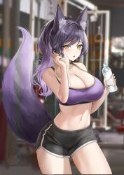Rule 34 | 1girl, absurdres, animal ear fluff, animal ears, black shorts, blurry, blurry background, bottle, breasts, cleavage, commission, dolphin shorts, earrings, fox ears, fox tail, gym, highres, holding, holding bottle, holding towel, indoors, jewelry, korean commentary, large breasts, lillly, long hair, looking at viewer, mole, mole on breast, navel, original, parted lips, ponytail, purple hair, purple sports bra, purple tail, short shorts, shorts, sidelocks, solo, sports bra, stomach, sweat, tail, tail raised, thighs, towel, virtual youtuber, water bottle, wiping sweat, yellow eyes