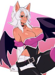 Rule 34 | 1girl, animal ears, bare shoulders, bat ears, bat girl, bat wings, belt, black choker, black footwear, black wings, blush, boots, border, breasts, cero rains, choker, cleavage, clenched hand, collarbone, cowboy shot, elbow gloves, fang, female focus, gloves, gradient background, green eyes, grin, half-closed eyes, happy, highres, hip vent, huge breasts, humanization, leg up, leotard, light blush, looking at viewer, medium hair, outline, outside border, pants, pink background, rouge the bat, shiny skin, sidelocks, simple background, sitting, skindentation, smile, solo, sonic (series), strapless, strapless leotard, teeth, thigh boots, thighs, two-tone leotard, white border, white gloves, white hair, white outline, white pants, wings
