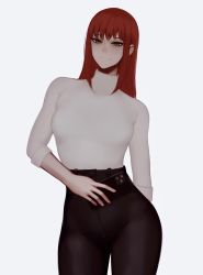Rule 34 | 1girl, absurdres, bad id, bad pixiv id, black pants, brown eyes, camera phone, chainsaw man, cowboy shot, high-waist pants, highres, long hair, looking at viewer, makima (chainsaw man), pants, red hair, ringed eyes, smile, solo, standing, sweater, turtleneck, white background, zaki (zaki btw)
