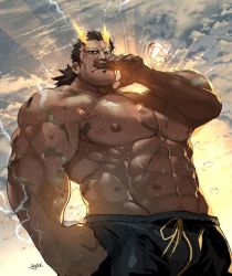 Rule 34 | 1boy, abs, bara, black eyes, black pants, brown hair, closed mouth, dark-skinned male, dark skin, hand to own mouth, highres, kintsugi, large pectorals, lightning, looking at viewer, looking down, low ponytail, male focus, muscular, muscular male, navel, nipples, pants, pectorals, rain, rybiok, sky, solo, taishakuten (housamo), tokyo houkago summoners, topless male, upper body, veins, veiny arms, veiny hands, water drop