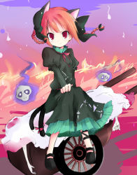 Rule 34 | 1girl, animal ears, braid, cat ears, cat girl, cat tail, female focus, full body, hair ribbon, kaenbyou rin, multiple tails, red eyes, red hair, ribbon, shichinose, short hair, sitting, solo, tail, touhou, twin braids, twintails, wheelbarrow