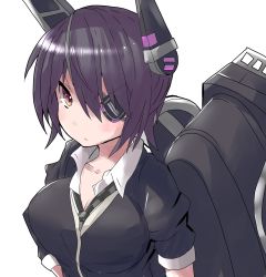 Rule 34 | 10s, 1girl, black hair, blush, breasts, brown eyes, eyepatch, headgear, highres, kantai collection, kuromu (underporno), looking at viewer, machinery, necktie, short hair, solo, tenryuu (kancolle), upper body, white background