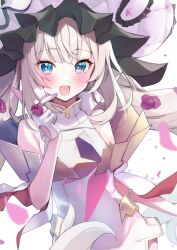 Rule 34 | 1girl, :d, ameshizuku natsuki, bare shoulders, blue eyes, blush, commentary request, dress, fate/grand order, fate (series), flower, frilled hat, frills, gloves, grey hair, half gloves, hand up, hat, long hair, looking at viewer, marie antoinette (fate), open mouth, petals, purple flower, purple rose, rose, simple background, sleeveless, sleeveless dress, smile, solo, twintails, very long hair, white background, white dress, white gloves, white hat