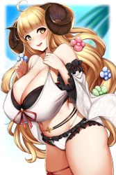 Rule 34 | 1girl, absurdres, ahoge, anila (granblue fantasy), anila (summer) (granblue fantasy), bikini, blonde hair, blunt bangs, blush, breasts, cleavage, commentary request, detached sleeves, draph, granblue fantasy, highres, horns, huge breasts, kusahagane, long hair, looking at viewer, sheep horns, smile, solo, swimsuit, thick eyebrows, thighs, white bikini, wide sleeves, yellow eyes