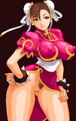 Rule 34 | 1girl, alternate color, bottomless, breasts, brown eyes, brown hair, capcom, china dress, chinese clothes, chun-li, covered erect nipples, double bun, dress, female pubic hair, hair bun, hair ornament, hand on own hip, large breasts, lowres, no panties, pixel art, pubic hair, pussy, ribbon, short hair, simple background, smile, solo, street fighter, uncensored, warner