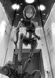 Rule 34 | 2girls, amputee, android, commentary request, damaged, greyscale, highres, joints, looking at another, malcolm x (artist), mechanical parts, monochrome, multiple girls, original, robot joints, short hair, stepped on