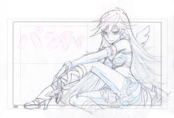 Rule 34 | 10s, 1girl, c-t-l, colored pencil (medium), cross-laced footwear, fingerless gloves, gloves, graphite (medium), high heels, jitome, long hair, midriff, monochrome, open shoes, panty &amp; stocking with garterbelt, panty (psg), production art, sandals, shoes, sitting, skirt, solo, traditional media, wings