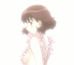 Rule 34 | 00s, 1girl, animated, animated gif, apron, blush, bouncing breasts, breasts, brown eyes, brown hair, chobits, cleavage, incoming food, large breasts, medium breasts, naked apron, no bra, oomura yumi, sideboob, smile, solo